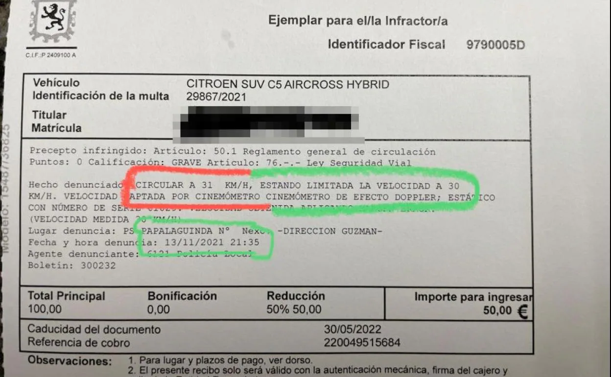 Imagen de la multa a un conductor leonés por circular a 31 kilómetros / hora. 