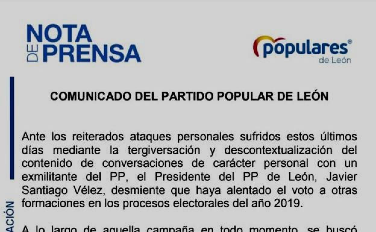 Imagen de la nota de pensa remitida por el presidente Vélez por los canales del Partido Popular de León.