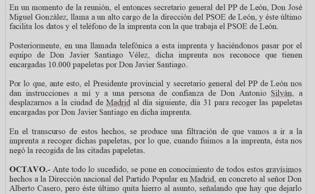 El ldenunciante relata los «gravísimos hechos» acaecidos en el seno de la formación popular. 