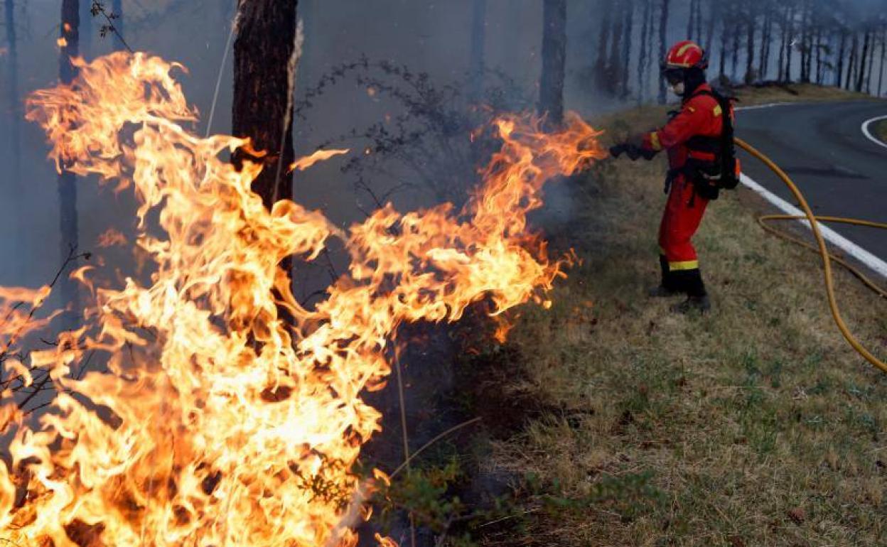 Imagen de un bombero mientras trabaja en las labores de extinción del incendio.