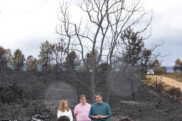 El presidente del Gobierno, Pedro Sánchez, en la zona afectada por el incendio. 