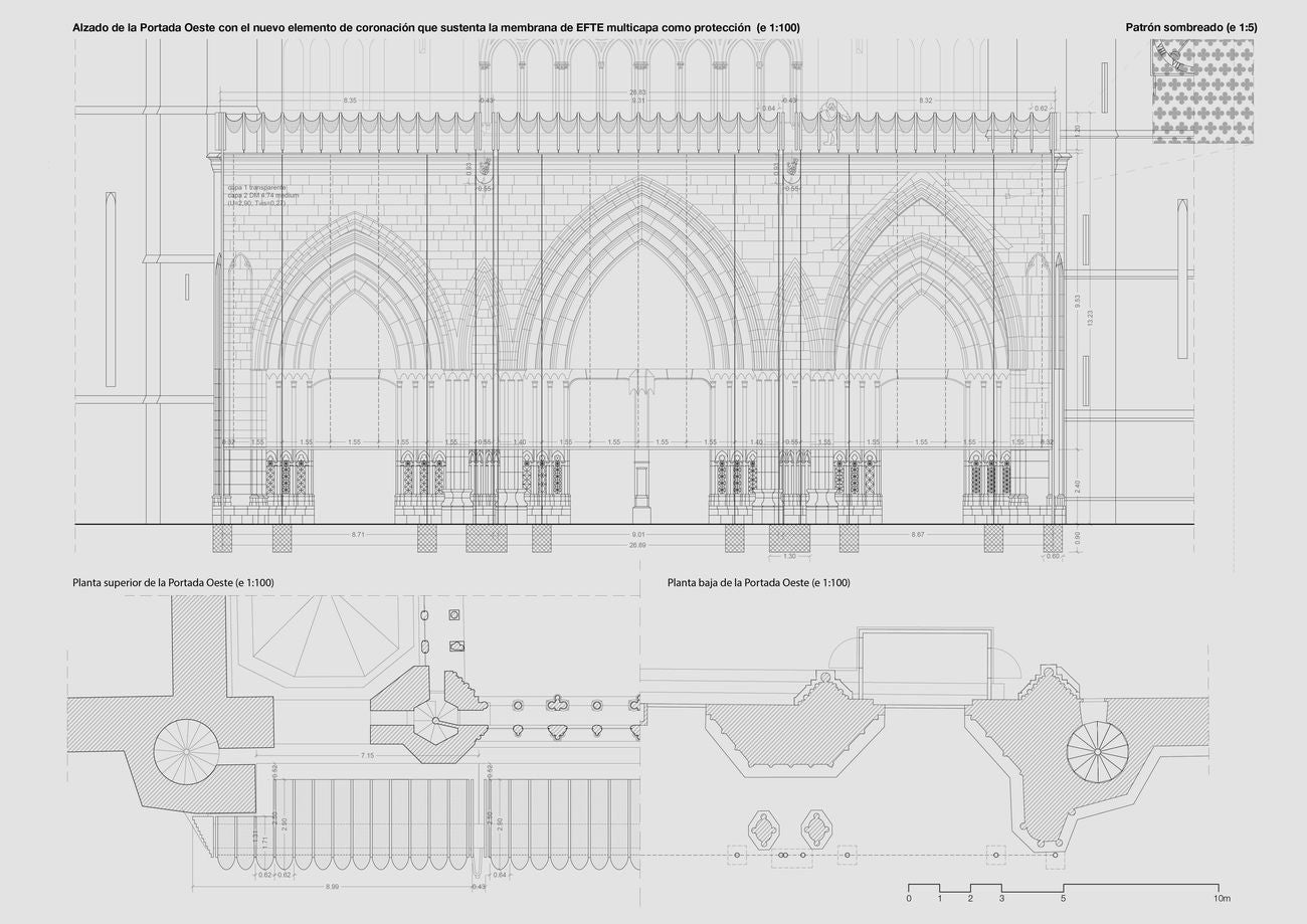 La propuesta ganadora para proteger el pórtico de la Seo leonesa se basa en una membrana transparente trasparente que se desplegará sobre la fachada principal. El proyecto ha sido elaborado por el arquitecto Julio César Moreno, del estudio Funcionable de Madrid. El velo tiene como fin salvaguardar los elementos arquitectónicos frente a las agresiones climatológicas. La idea se inspira en el pabellón de los países nórdicos de Venecia, de Sverre Fehn. 