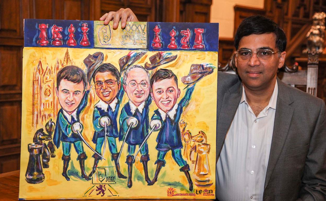 Vishy Anand ha recibido un cuadro del artista leonés Luis Zotes.