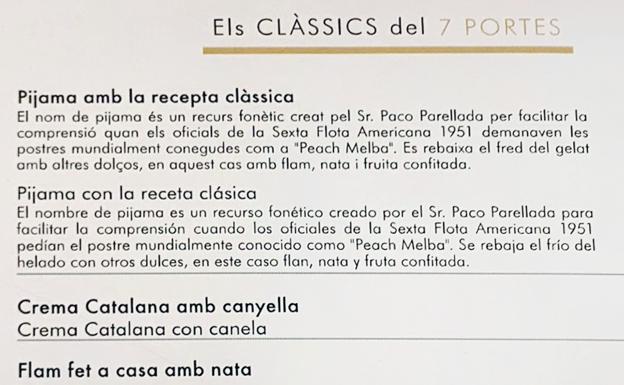 Carta de postres del restaurante 7 Portes.