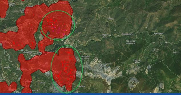 Evolución de los incendios de Puente de Domingo Flórez y Montes de Valdueza.