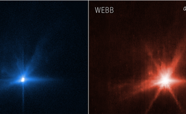 Imágenes del impacto de la sonda DART contra el asteroide Dimorfo obtenidas por los telescopios Webb y Hubble. 