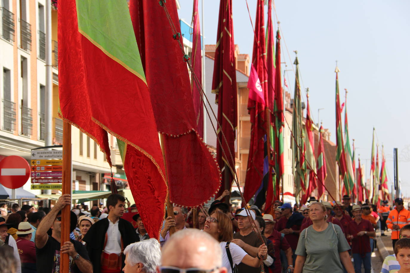 Desfile de pendones y carros engalanados en la romería de San Froilán. 