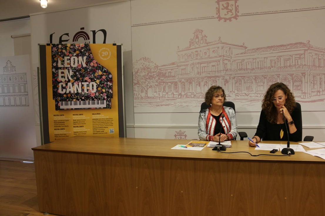 La concejala de cultura, Evelia Fernández, y la soprano y organizadora artística del ciclo 'León en Canto', Marta Arce, presentan los conciertos para celebrar los veinte años del Auditorio Ciudad de León.