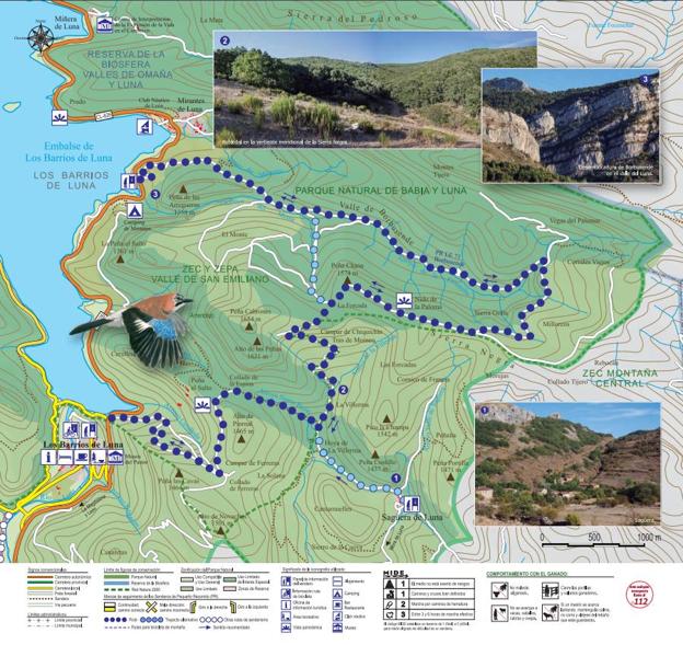 Mapa que marca el camino de la ruta de Borbusende, en el Parque Natural de Babia y Luna