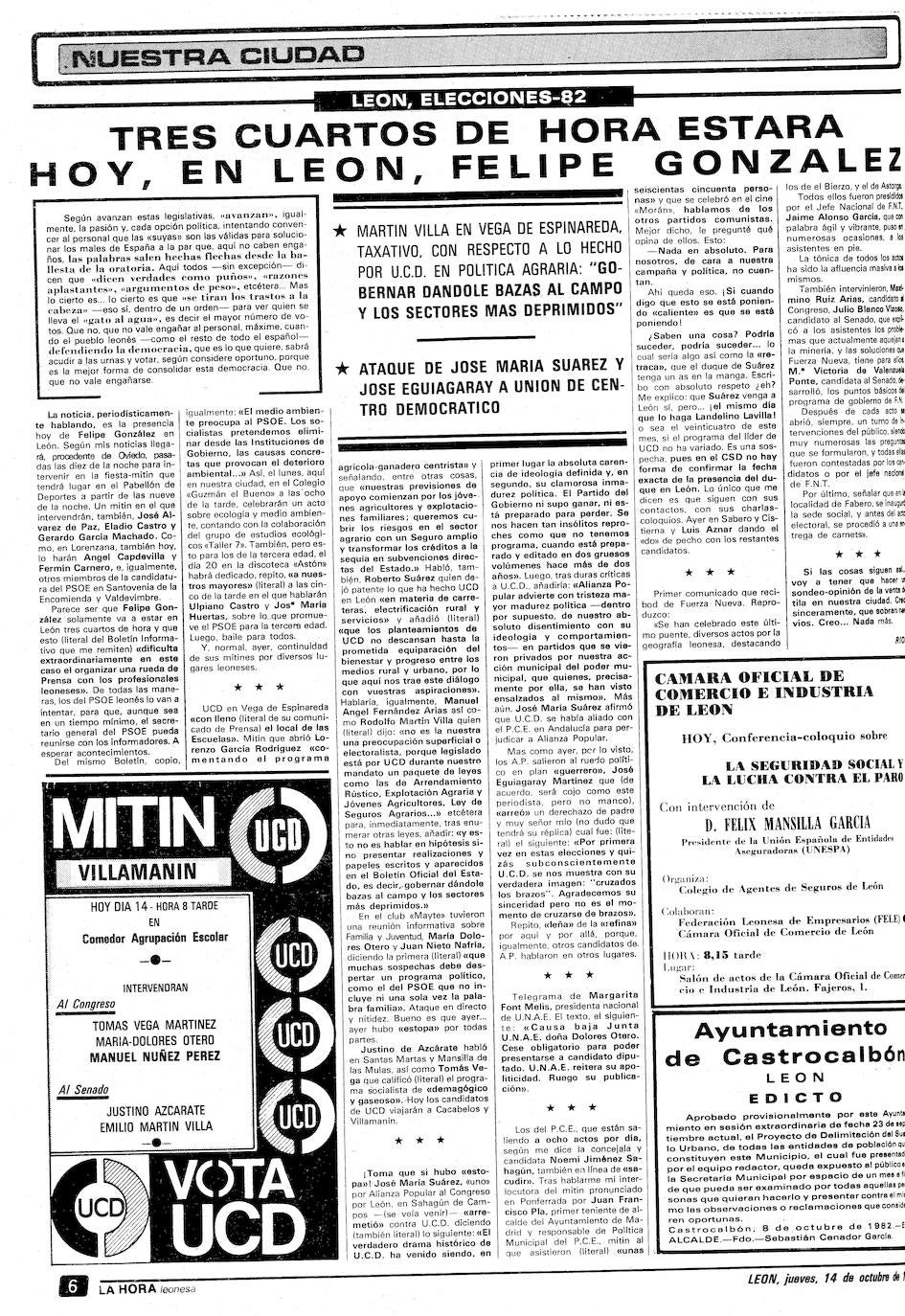 La provincia recuerda los más de 130.000 votos que sirvieron para que el PSOE alcanzara, 'POr el cambio', el gobierno de España. Diez millones de votos encumbraron a Felipe González, que tuvo en León uno de sus mítines más importantes en la historia de la política local con 10.000 asistentes. El PSOE logró el 48,4 % de los sufragios frente a la derecha. Este es el resumen de prensa de la época. 