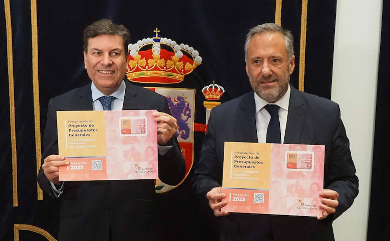 El presidente de las Cortes de Castilla y León, Carlos Pollán, recibe de manos del consejero de Economía y Hacienda, Carlos Fernández Carriedo, los Presupuestos Generales de la Comunidad para 2023.