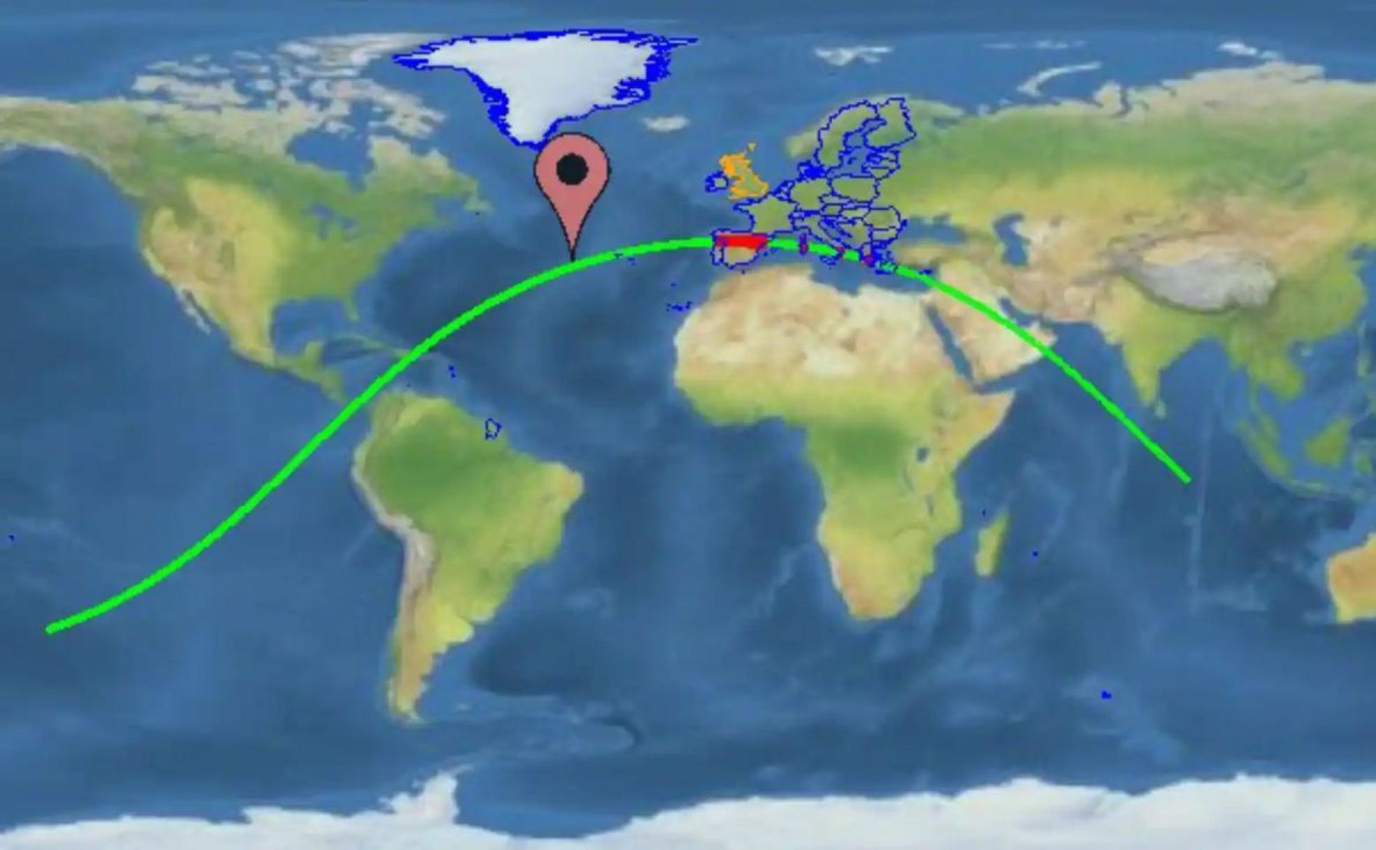 Imagen de la trayectoria del cohete chino y su posible área de impacto. La parte norte de España está en la trayectoria de impacto según los análisis del departamento de Seguimiento y vigilancia espacial de la UE. Cataluña e Ibiza han cerrado sus espacio aéreos. 