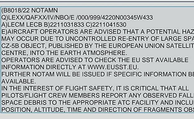 Imagen del aviso remitido a los pilotos en vuelo con el fin de advertir de la incidencia.
