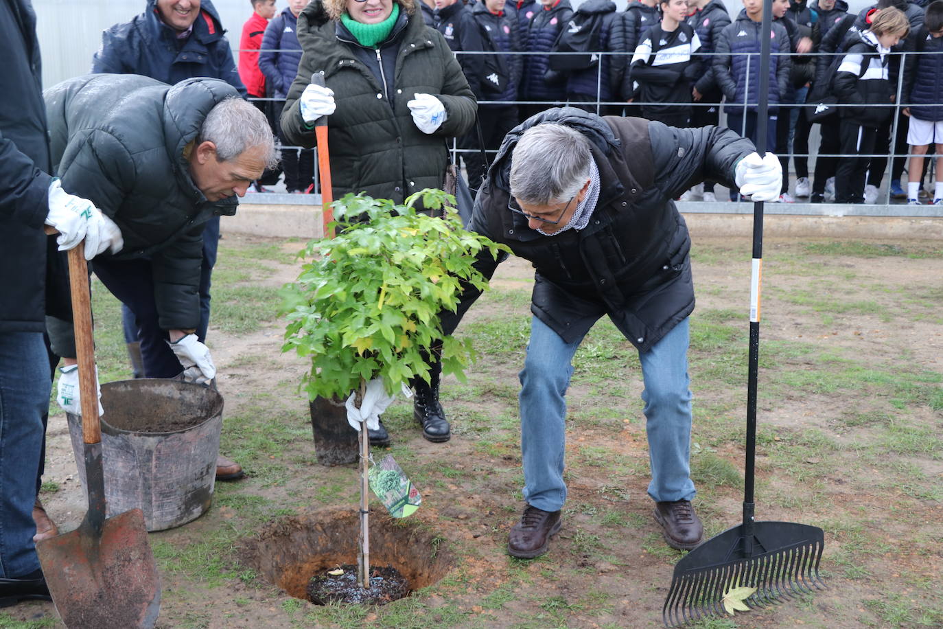 El conjunto leonés cumple con esta iniciativa y planta cinco árboles para tratar de reducir la huella de carbono en León.