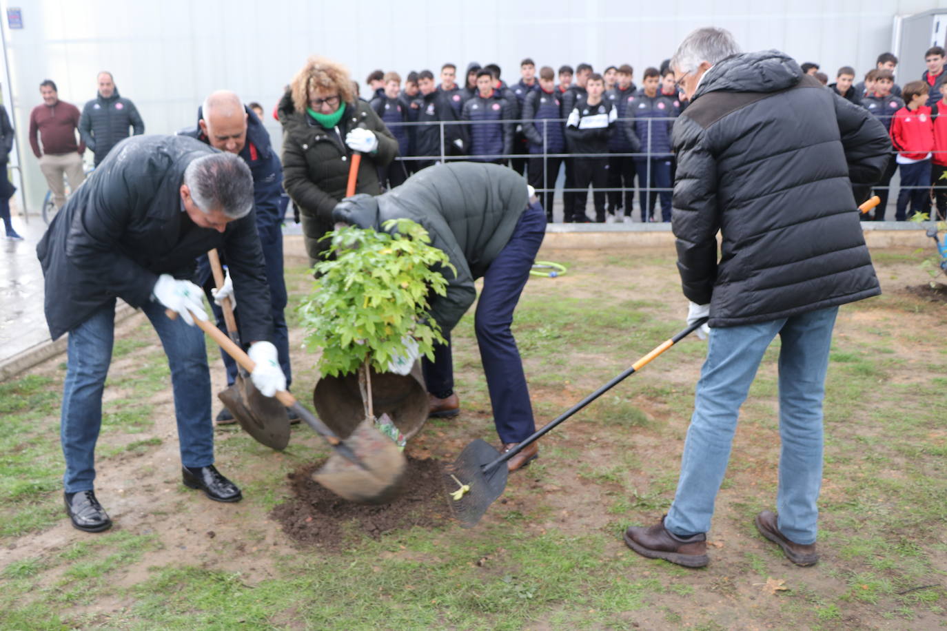 El conjunto leonés cumple con esta iniciativa y planta cinco árboles para tratar de reducir la huella de carbono en León.