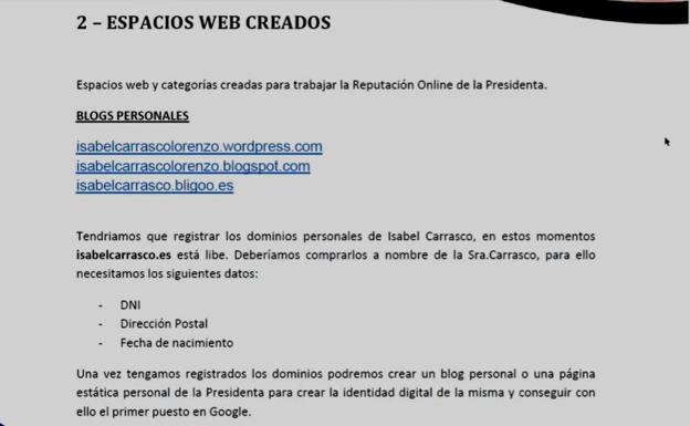 Imagen de los documentos en los que se aprecia la creación 'ad hoc​' de páginas web reputacionales a favor de Isabel Carrasco. 