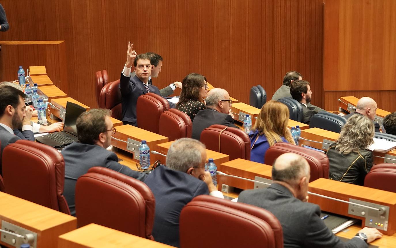 El portavoz del Grupo Socialista, Luis Tudanca, junto a procuradores del PSOE disfruta la segunda sesión del Pleno de los Presupuestos Generales de la Comunidad para 2023.