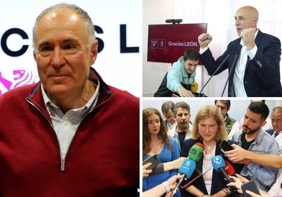 Eduardo López Sendino (UPL), José Antonio Diez (PSOE) y Margarita Torre (PP), durante la noche electoral.