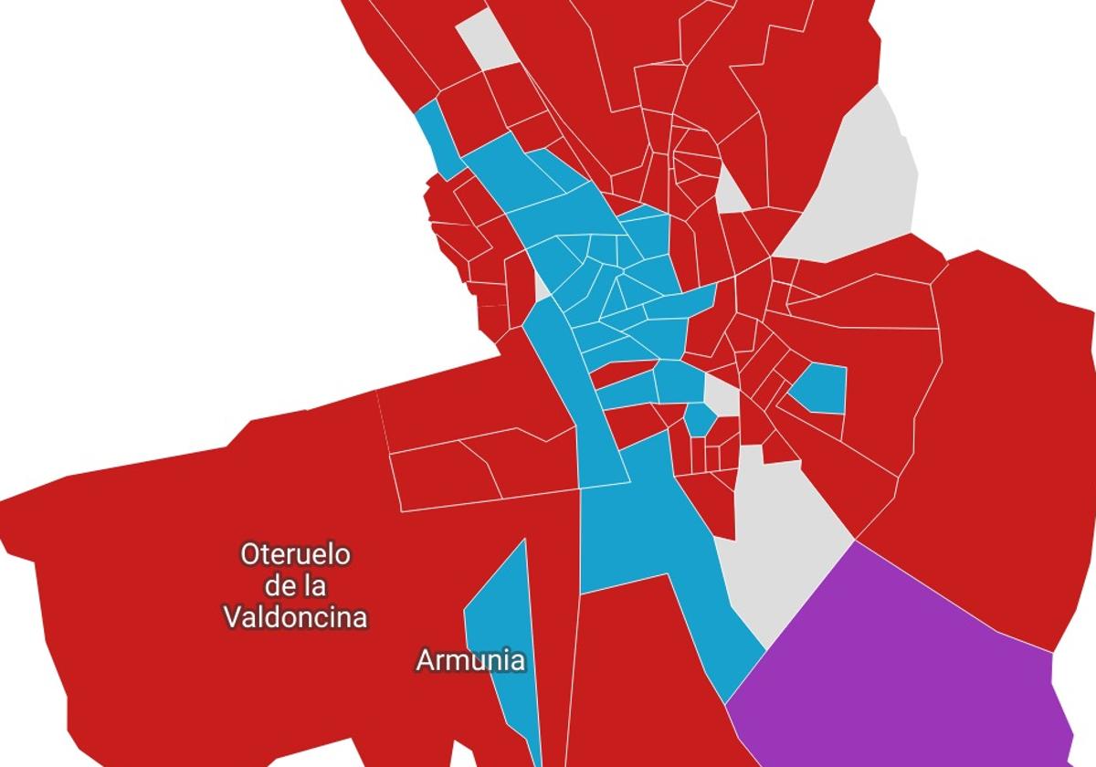 Imagen de algunos de los barrios de la capital coloreados del partido más votado.