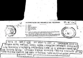 Imagen del telegrama remitido con motivo del traslado de los cuerpos de los cuerpos de los leoneses que lucharon en el frente nacional y acabaron reposando en Cuelgamuros.