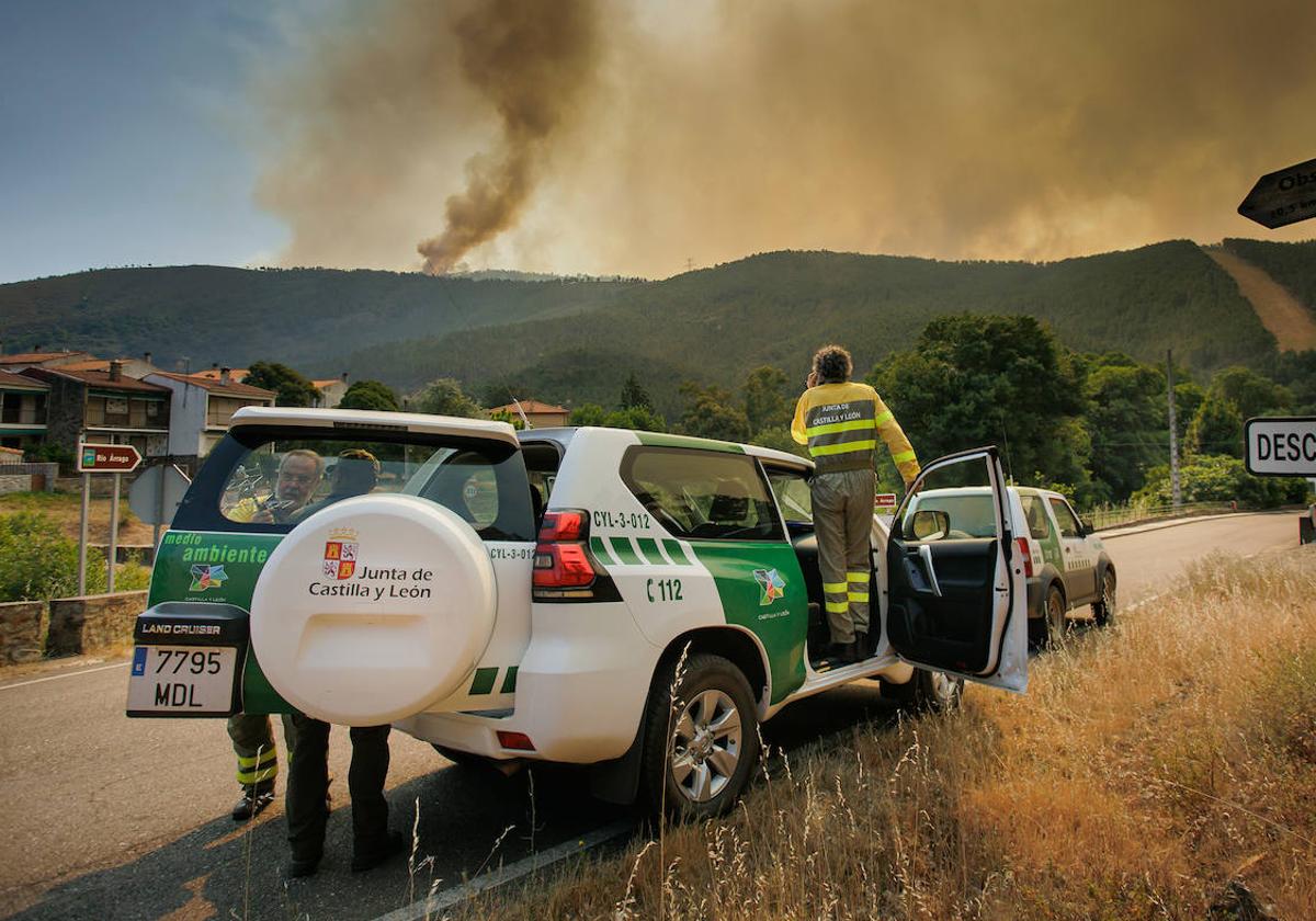 Agentes medioambientales de Castilla y León, en un incendio forestal.