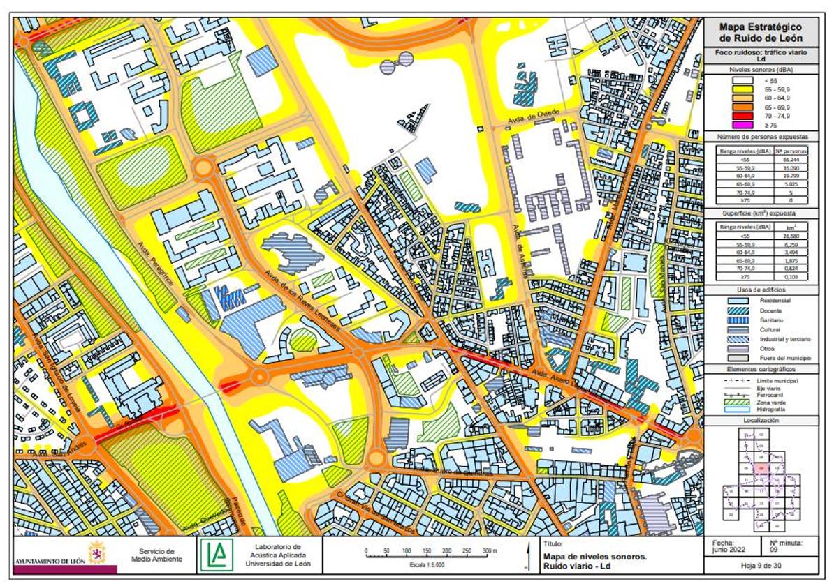 El mapa del ruido de León elaborado por la Universidad.