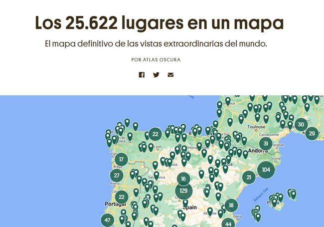 Imagen de la página web y los lugares marcados en España.