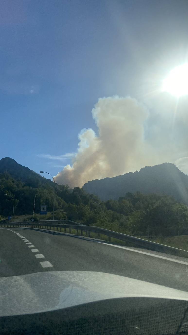 Imagen del humo del incendio desde un vehículo que circula por una carretera próxima a la zona.