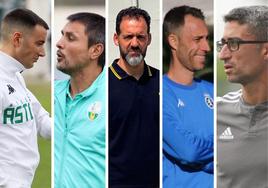 José Luis Lago, entrenador del Atlético Astorga; Sergio González 'Nanín', entrenador de La Virgen; Ramón González, entrenador del Atlético Bembibre; David Pérez, entenador del Júpiter; y Rubén Vega, entrenador de la Deportiva B.