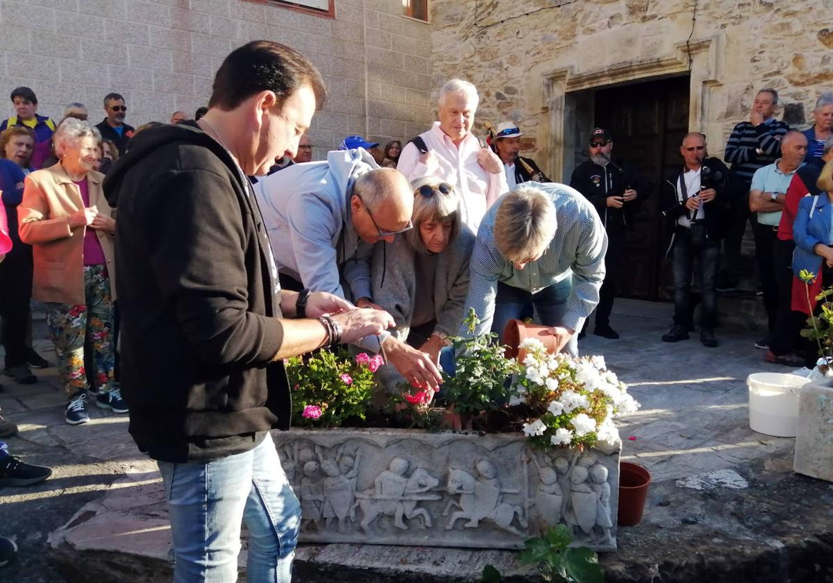 Los alcaldes de Santa Marina del Rey, Vega de Valcarce y As Nogais, plantando rosas peregrinas.