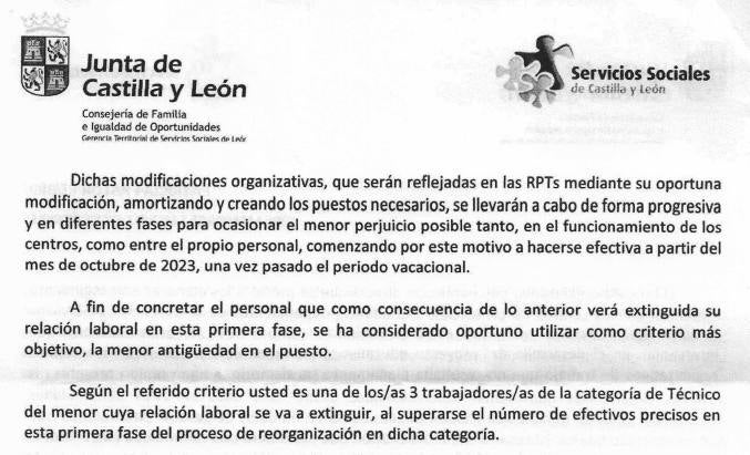 Carta de despido en la que la Junta expone las causas de los ceses en León