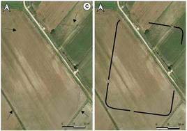 Interpretación de la línea defensiva del campamento de Navafría (León) sobre ortofotografía aérea.