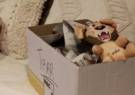 Un peluche de un león reposa sobre una caja.