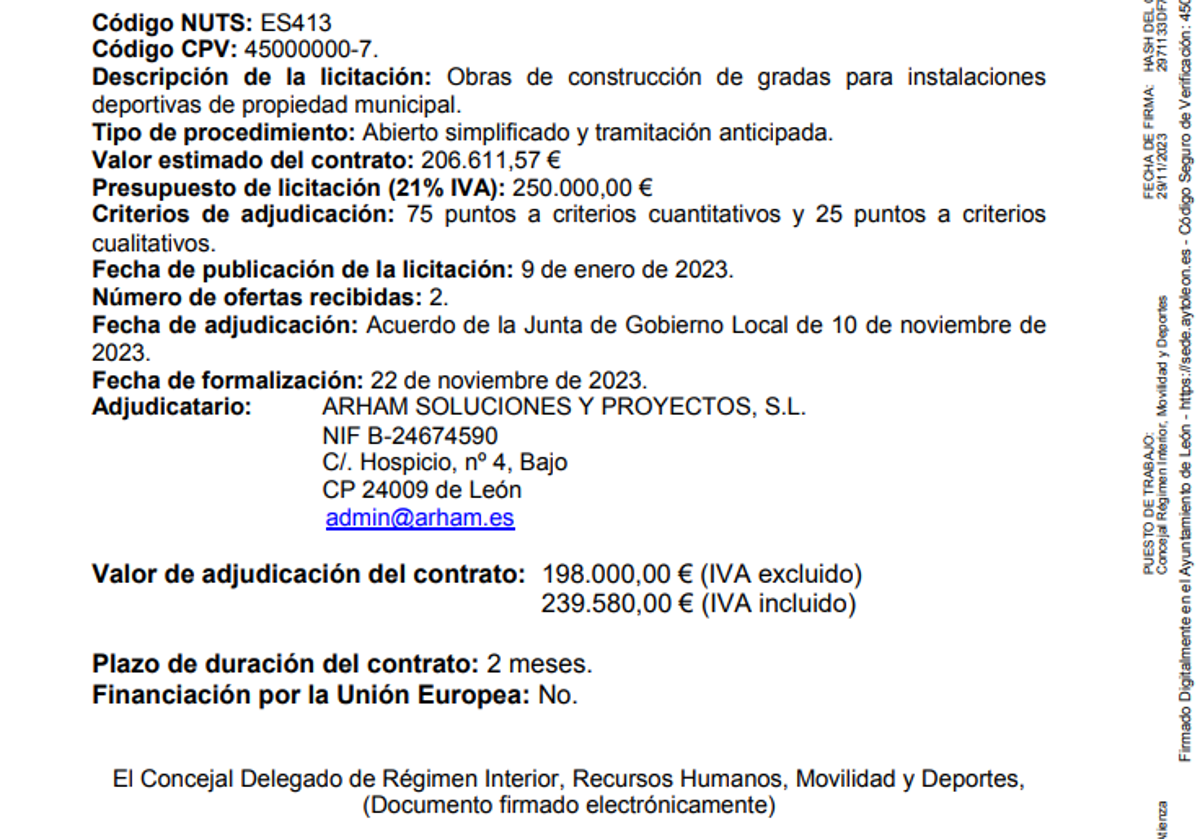 Documento público de la adjudicación definitiva del contrato de obras.