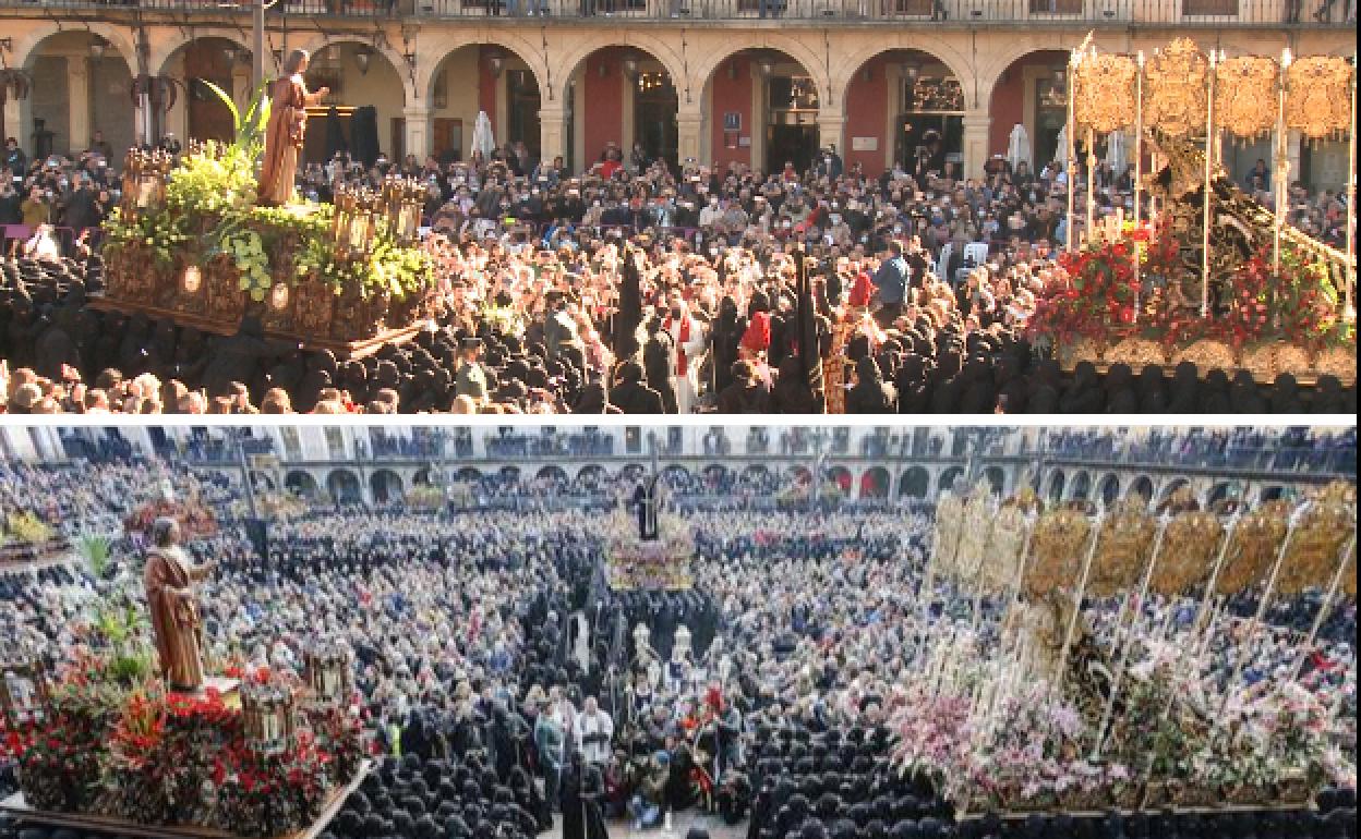 Arriba, la imagen del Encuentro con la ausencia del resto de grupos escultóricos; abajo, la Plaza Mayor, presidida por el Nazareno, y el resto de pasos alrededor.