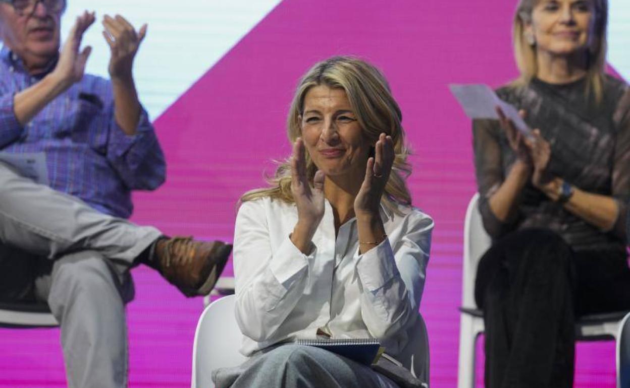 La vicerpesidenta segunda, Yolanda Díaz, este jueves en Madrid durante presentación de las claves de Sumar.