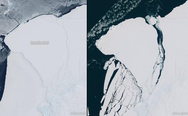 Antes y después de la ruptura del iceberg en la plataforma de hielo Brunt.