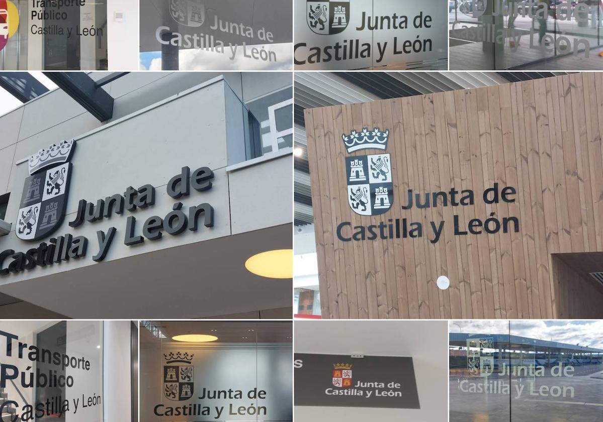 Logos de la junta de Castilla y León en la estación de bus de León.