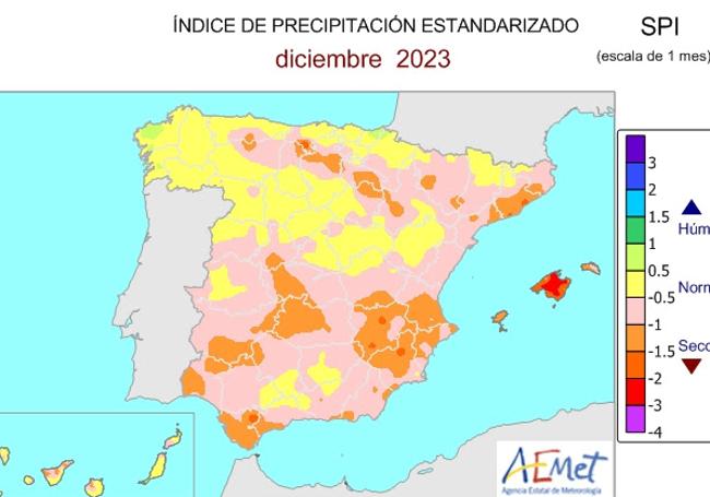 El Índice de Precipitación Estandarizado de diciembre de 2023 es más seco que la media de precipitación en la montaña leonesa.