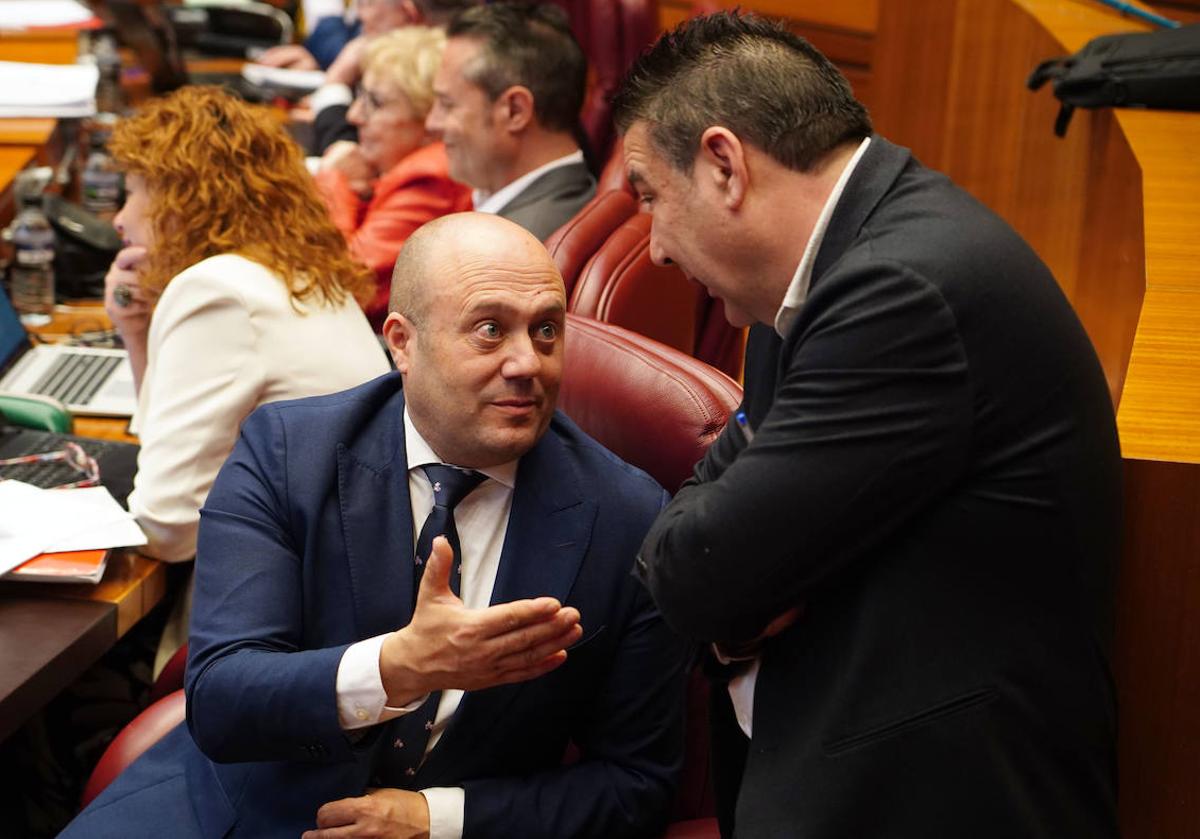 Los procuradores de la UPL y del PSOE Luis Mariano Santos (D) y Javier Campos, durante el Pleno de las Cortes de Castilla y León