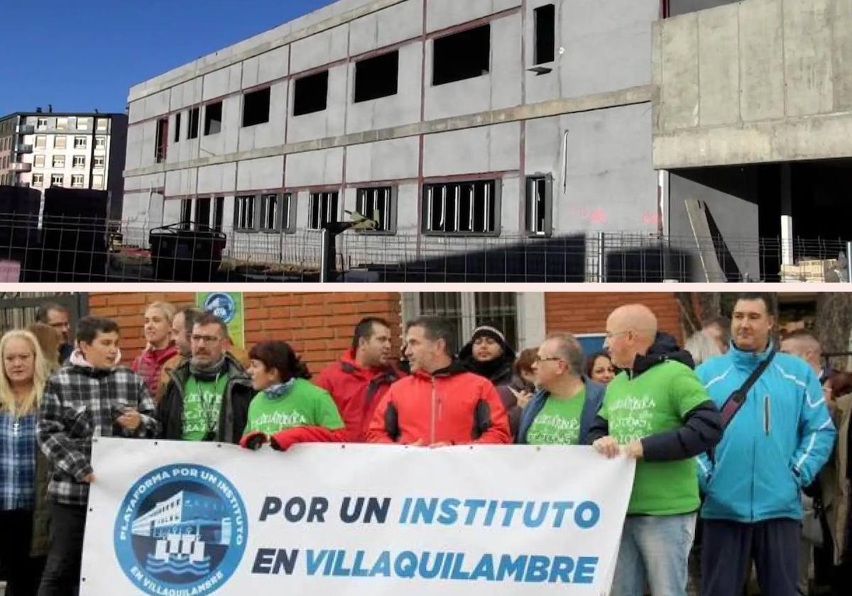 La obra del conservatorio de León y una imagen de una concentración para exigir un IES en Villaquilambre.