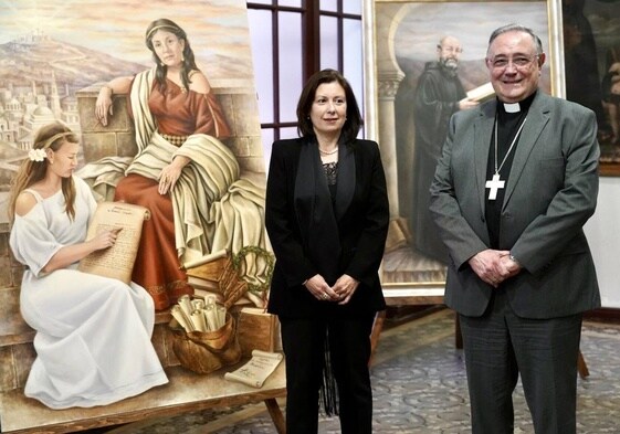 El obispo de León, Luis Ángel de las Heras, y la artista berciana Ana María Martínez inauguran la exposición 'La Tebaida en el corazón'