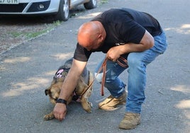 Pedro Teixeira, adiestrador canino, junto a un perro de la Protectora.