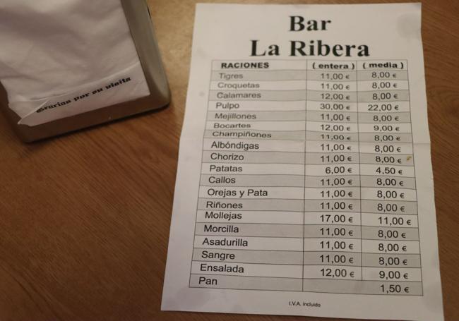 Carta de raciones del bar La Ribera.