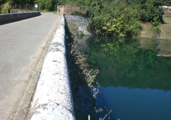 Estado actual del Puente de Mercadillo. De nuevo, zarzas y arbustos afean y se incrustan en la fábrica de esta importante infraestructura por la que pasan los peregrinos de tres rutas históricas: Ruta Vadiniense; Camino Lebaniego; Vexu Kamín.