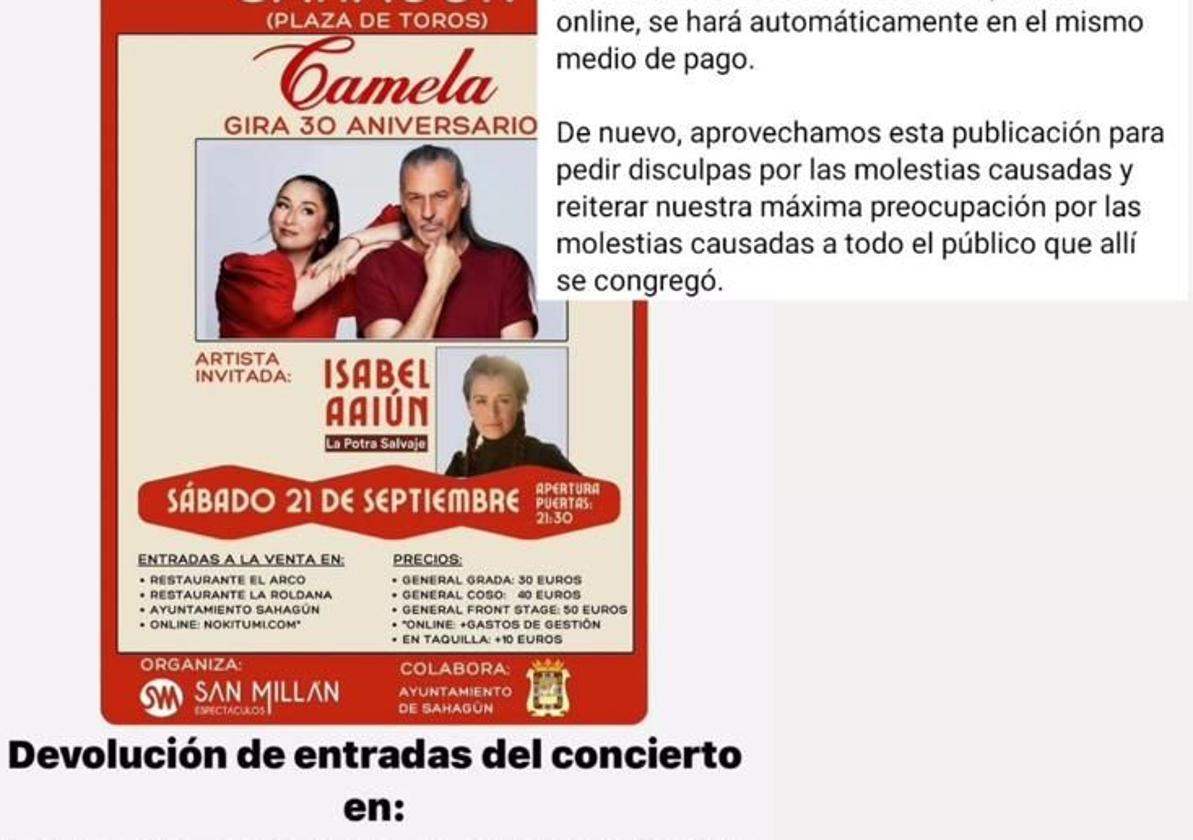 El comunicado de la empresa promotora del concierto de Camela.