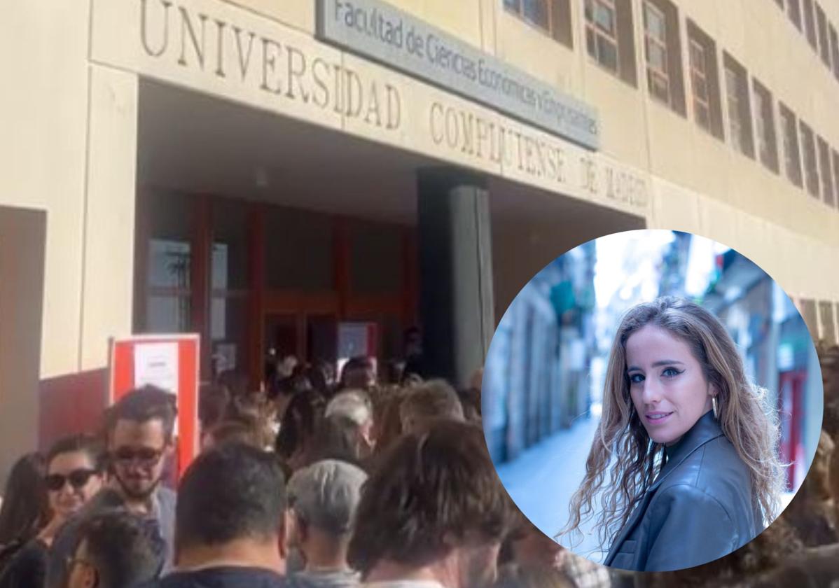 Los opositores a las puertas de la facultad el domingo y, en pequeño, la leonesa Andrea Fergón.