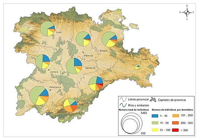 Tamaño de los dormideros por provincia.
