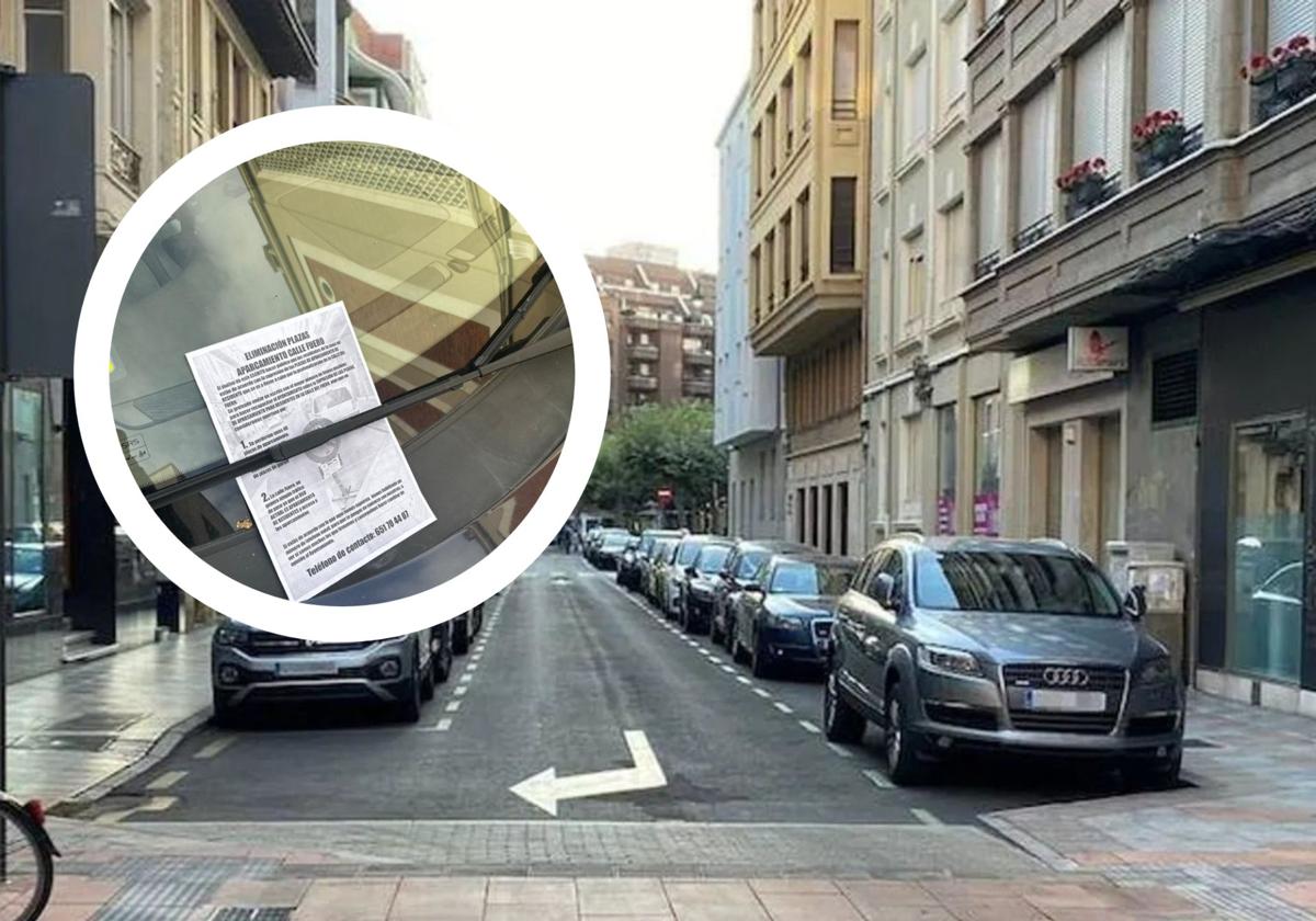 La calle Fuero en grande y, en pequeño, el escrito que aparece en los limpiaparabrisas de los coches.