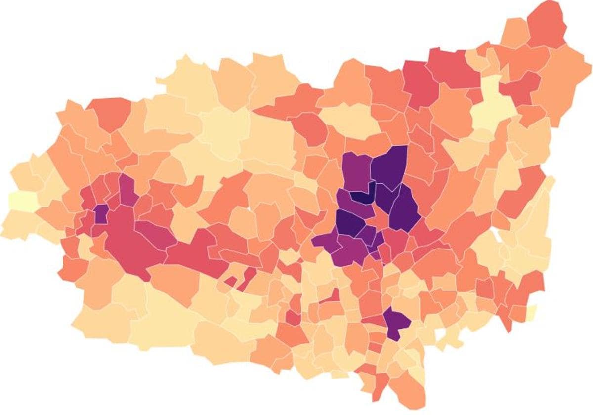 Mapa de la provincia de León con pérdida y ganancia de población.